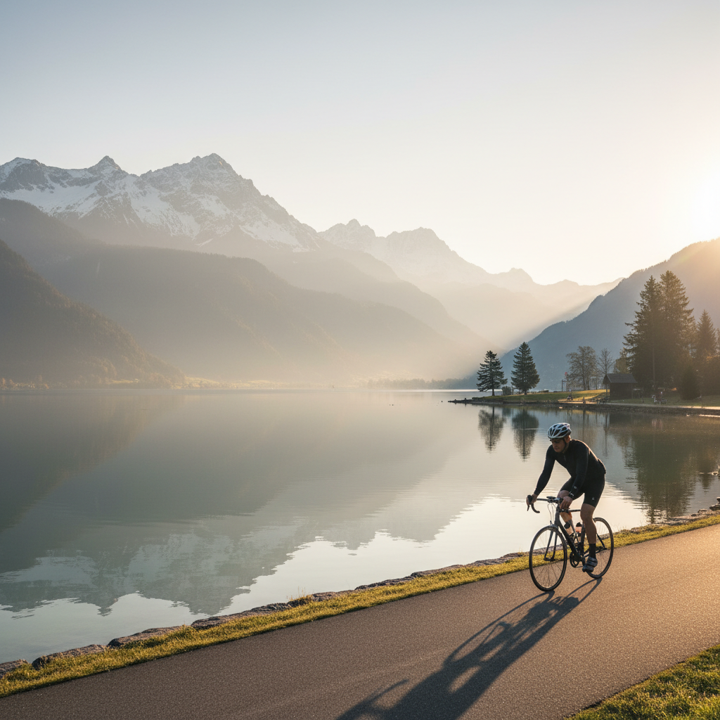 Homme à vélo sur une piste cyclable longeant un lac suisse au matin, paysage calme avec reflets de montagne sur l'eau