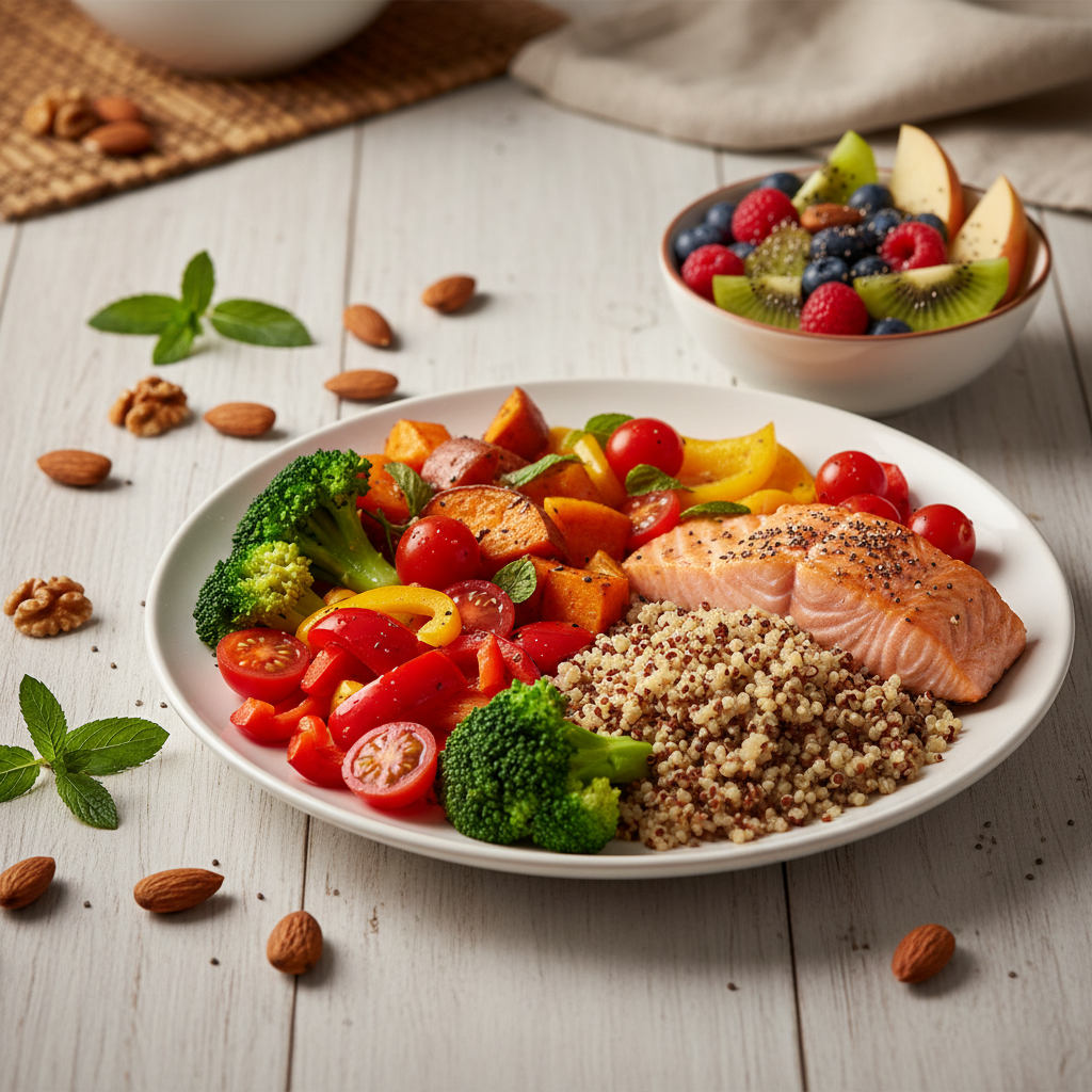 Composition soigneuse de légumes frais colorés, céréales complètes et fruits sur une surface en bois naturel, illustrant une assiette équilibrée