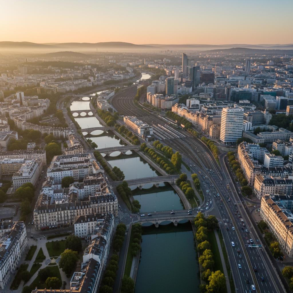 Vue aérienne d'une forêt dense suisse au crépuscule, tons de vert profond et lumière dorée rasante, symbolisant l'harmonie naturelle