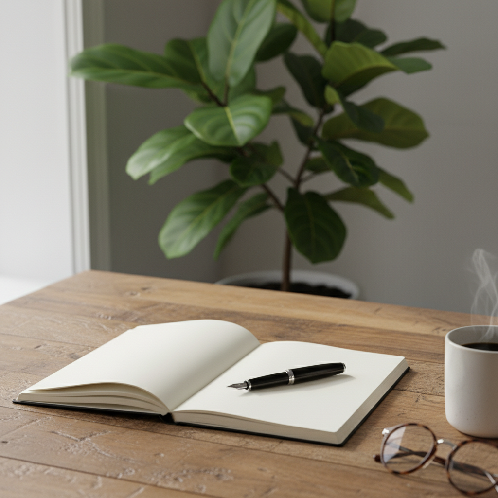 Cahier ouvert et stylo posé sur une table en bois avec une plante verte en arrière-plan, évoquant la pratique de l'écriture réflexive